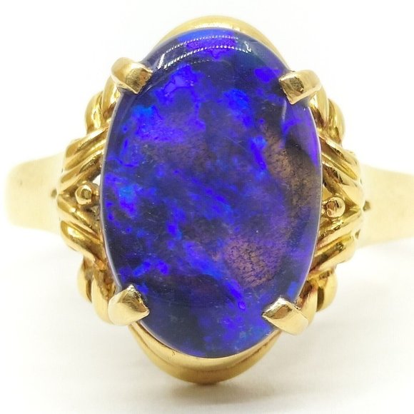 Cosmic Australian Black Opal Blue Ring 18K Gold Lightning Ridge Vintage 7 7/8 - Picture 1 of 13